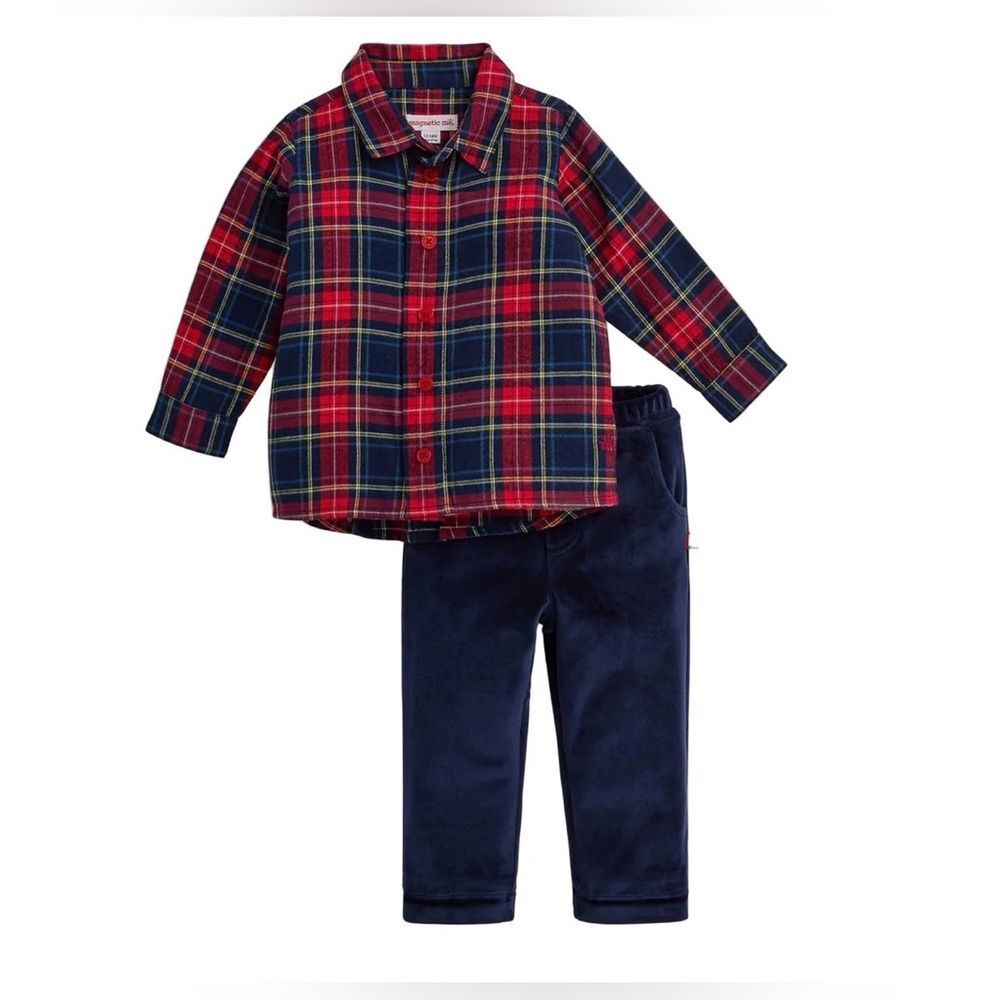 Magnetic Me Holiday Plaid Flannel Henley Top and Pant Navy 18-24M NWT IN PKG